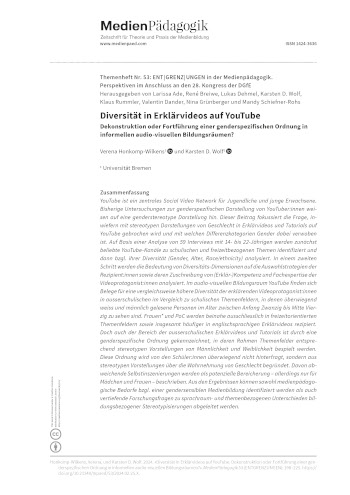Cover:: Verena Honkomp-Wilkens, Karsten D. Wolf: Diversität in Erklärvideos auf YouTube: Dekonstruktion oder Fortführung einer genderspezifischen Ordnung in informellen audio-visuellen Bildungsräumen?