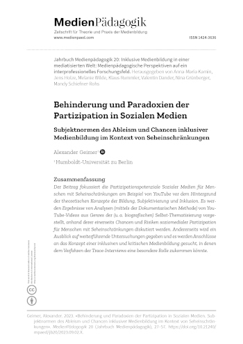 Cover:: Alexander Geimer: Behinderung und Paradoxien der Partizipation in Sozialen Medien: Subjektnormen des Ableism und Chancen inklusiver Medienbildung im Kontext von Seheinschränkungen