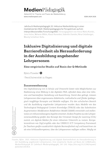 Cover:: Björn Fisseler: Inklusive Digitalisierung und digitale Barrierefreiheit als Herausforderung in der Ausbildung angehender Lehrpersonen: Eine empirische Studie auf Basis der Q-Methode
