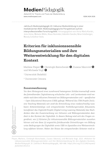 Cover:: Marlene Pieper, Christoph Bierschwale, Zuzana Sikorová, Michaela Vogt: Kriterien für inklusionssensible Bildungsmaterialien und ihre Weiterentwicklung für den digitalen Kontext