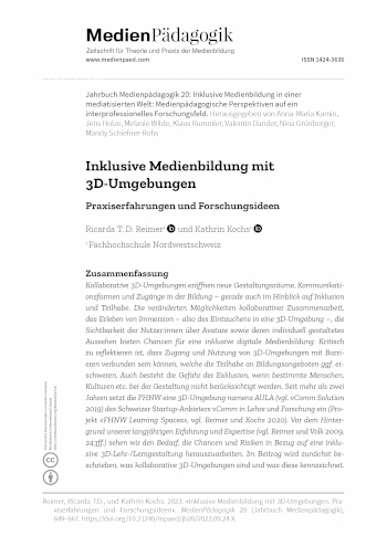 Cover:: Ricarda T.D. Reimer, Kathrin Kochs: Inklusive Medienbildung mit 3D-Umgebungen: Praxiserfahrungen und Forschungsideen