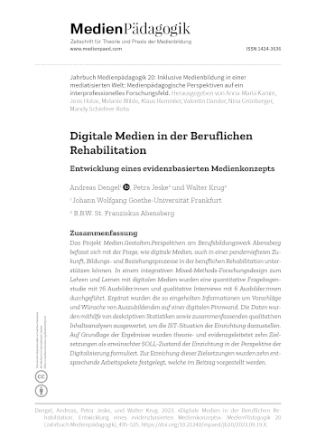 Cover:: Andreas Dengel, Petra Jeske, Walter Krug: Digitale Medien in der Beruflichen Rehabilitation: Entwicklung eines evidenzbasierten Medienkonzepts