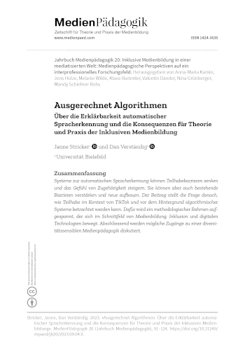 Cover:: Janne Stricker, Dan Verständig: Ausgerechnet Algorithmen: Über die Erklärbarkeit automatischer Spracherkennung und die Konsequenzen für Theorie und Praxis der Inklusiven Medienbildung