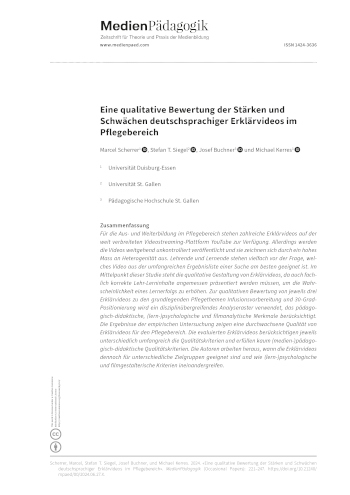 Cover:: Marcel Scherrer, Stefan T. Siegel, Josef Buchner, Michael Kerres: Eine qualitative Bewertung der Stärken und Schwächen deutschsprachiger Erklärvideos im Pflegebereich