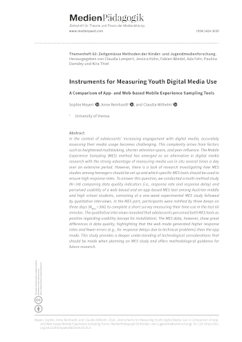 Cover:: Sophie Mayen, Anne Reinhardt , Claudia Wilhelm: Instrumente zur Messung von jugendlicher Mediennutzung: Ein Vergleich von App- und Web-basierten Mobile Experience Sampling-Tools