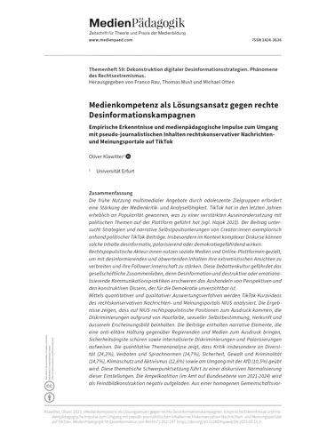 Cover:: Oliver Klawitter: Medienkompetenz als Lösungsansatz gegen rechte Desinformationskampagnen: Empirische Erkenntnisse und medienpädagogische Impulse zum Umgang mit pseudo-journalistischen Inhalten rechtskonservativer Nachrichten- und Meinungsportale auf TikTok