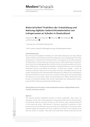 Cover:: Katja Buntins, Daniel Diekmann, Maria Klar, Marc Rittberger, Michael Kerres: Material teilen? Praktiken der Entwicklung und Nutzung digitaler Unterrichtsmaterialien von Lehrpersonen an Schulen in Deutschland