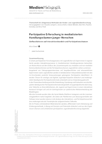 Cover:: Alice Düwel: Partizipative Erforschung in mediatisierten Handlungsräumen junger Menschen: Einflussfaktoren auf Interaktionshandeln und Partizipationschancen