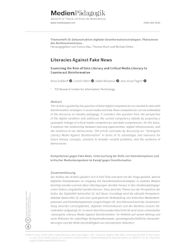 Cover:: Anna Soßdorf, Carolin Stein, Isabel Bezzaoui, Jonas Fegert: Literacies Against Fake News: Examining the Role of Data Literacy and Critical Media Literacy to Counteract Disinformation