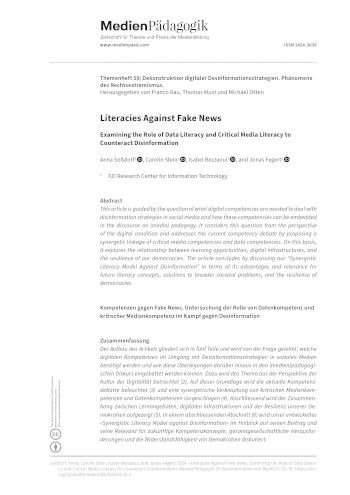 Cover:: Anna Soßdorf, Carolin Stein, Isabel Bezzaoui, Jonas Fegert: Kompetenzen gegen Fake News: Untersuchung der Rolle von Datenkompetenz und kritischer Medienkompetenz im Kampf gegen Desinformation