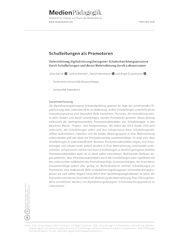 Cover:: Julia Gerick, Janine Kieseler, Daniel Herrmann, Birgit Eickelmann: Schulleitungen als Promotoren: Unterstützung digitalisierungsbezogener Schulentwicklungsprozesse durch Schulleitungen und deren Wahrnehmung durch Lehrpersonen