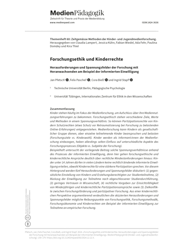 Cover:: Jan Pfetsch, Felix Paschel, Cora Bieß, Ingrid Stapf: Forschungsethik und Kinderrechte: Herausforderungen und Spannungsfelder der Forschung mit Heranwachsenden am Beispiel der informierten Einwilligung