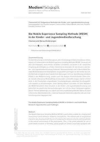 Cover:: Malin Fecke, Ada Fehr, Daniela Schlütz: Die Mobile Experience Sampling Methode (MESM) in der Kinder- und Jugendmedienforschung: Chancen und Herausforderungen