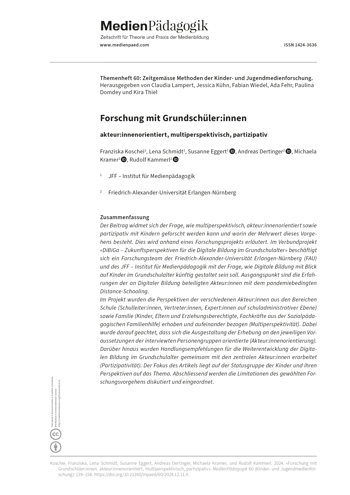 Cover:: Franziska Koschei, Lena Schmidt, Susanne Eggert, Andreas Dertinger, Michaela Kramer, Rudolf Kammerl: Forschung mit Grundschüler:innen: akteur:innenorientiert, multiperspektivisch, partizipativ
