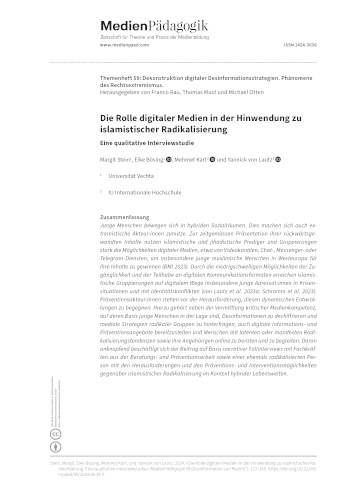 Cover:: Margit Stein, Eike Bösing, Mehmet Kart, Yannick von Lautz: Die Rolle digitaler Medien in der Hinwendung zu islamistischer Radikalisierung: Eine qualitative Interviewstudie