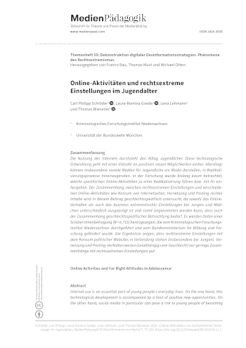Cover:: Carl Philipp Schröder, Laura-Romina Goede, Lena Lehmann, Thomas Bliesener: Online Activities and Far Right Attitudes in Adolescence