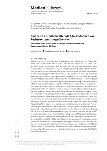 Cover:: Lisa Düsterberg, Wiebke Regina Giesenberg, Lena Kolde: Kinder im Grundschulalter als Adressat:innen von Rechtsextremismusprävention? Positionen von Expert:innen zu universeller Prävention und Rassismuskritischer Bildung