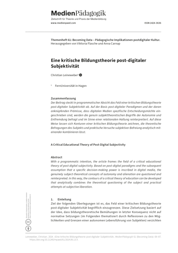 Cover:: Christian Leineweber: Eine kritische Bildungstheorie post-digitaler Subjektivität
