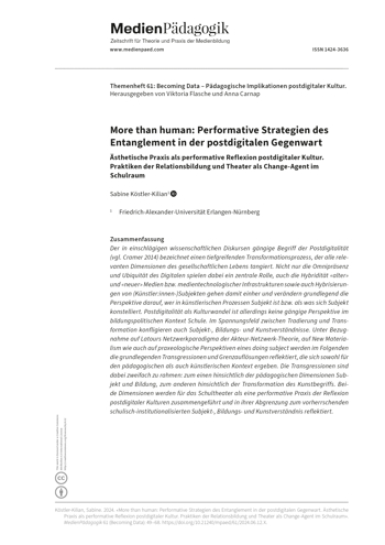 Cover:: Sabine Köstler-Kilian: More than human: Performative Strategien des Entanglement in der postdigitalen Gegenwart: Ästhetische Praxis als performative Reflexion postdigitaler Kultur. Praktiken der Relationsbildung und Theater als Change-Agent im Schulraum