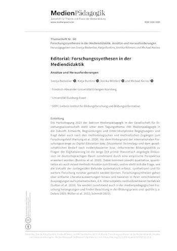 Cover:: Svenja Bedenlier, Katja Buntins, Annika Wilmers, Michael Kerres: Editorial: Forschungssynthesen in der Mediendidaktik: Ansätze und Herausforderungen