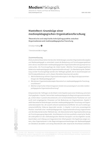 Cover:: Christian Helbig: Manteltext: Grundzüge einer medienpädagogischen Organisationsforschung: Theoretische und empirische Anknüpfungspunkte zwischen Organisationen und medienpädagogischer Forschung