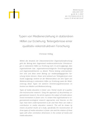 Cover:: Christian Helbig: [TvM] Typen von Medienerziehung in stationären Hilfen zur Erziehung. Teilergebnisse einer qualitativ-rekonstruktiven Forschung: Medienimpulse 60 (3): 39 Seiten. https://doi.org/10.21243/mi-03-22-10