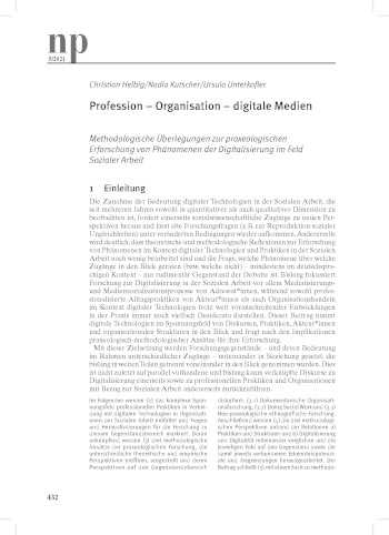 Cover:: Christian Helbig, Nadia Kutscher, Ursula Unterkofler: [POM] Profession – Organisation – digitale Medien. Methodologische Überlegungen zur praxeologischen Erforschung von Phänomenen der Digitalisierung im Feld Sozialer Arbeit: Neue Praxis (5): 432-457