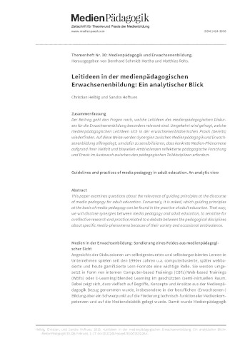 Cover:: Christian Helbig, Sandra Hofhues: [LmE] Leitideen in der medienpädagogischen Erwachsenenbildung: Ein analytischer Blick: Herausgegeben von Bernhard Schmidt-Hertha und Matthias Rohs. MedienPädagogik: Zeitschrift für Theorie und Praxis der Medienbildung 30 (Erwachsenenbildung): 1–17. https://doi.org/10.21240/mpaed/30/2018.02.26.X