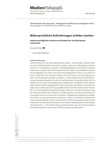 Cover:: Susanne Richter: Widersprüchliche Anforderungen sichtbar machen: Impulse postdigitaler Analysen am Beispiel der YouTube Beauty Community