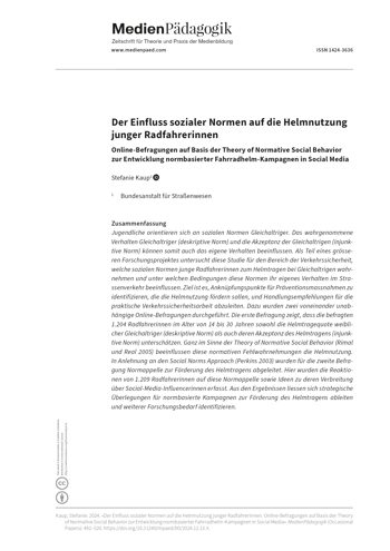 Cover:: Stefanie Kaup: Der Einfluss sozialer Normen auf die Helmnutzung junger Radfahrerinnen : Online-Befragungen auf Basis der Theory of Normative Social Behavior zur Entwicklung normbasierter Fahrradhelm-Kampagnen in Social Media