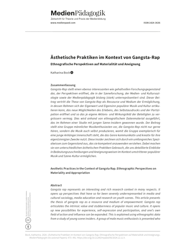 Cover:: Katharina Bock: Ästhetische Praktiken im Kontext von Gangsta-Rap: Ethnografische Perspektiven auf Materialität und Aneignung