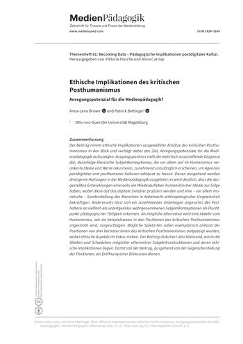 Cover:: Anna-Lena Brown, Patrick Bettinger: Ethische Implikationen des kritischen Posthumanismus: Anregungspotenzial für die Medienpädagogik?