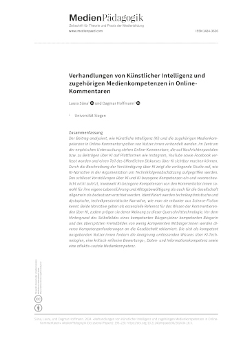 Cover:: Laura Sūna, Dagmar Hoffmann: Verhandlungen von Künstlicher Intelligenz und zugehörigen Medienkompetenzen in Online-Kommentaren