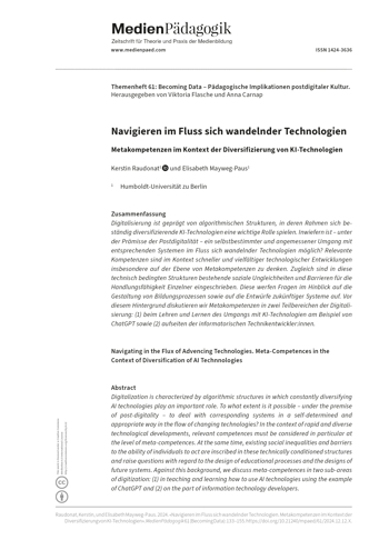 Cover:: Kerstin Raudonat, Elisabeth Mayweg: Navigieren im Fluss sich wandelnder Technologien: Metakompetenzen im Kontext der Diversifizierung von KI-Technologien
