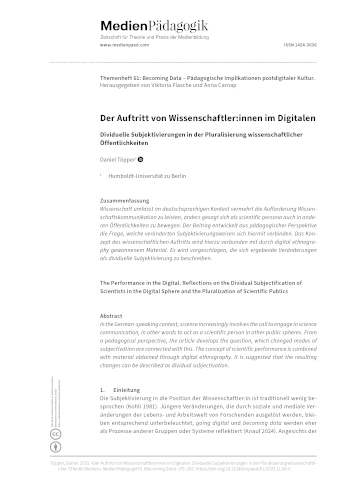 Cover:: Daniel Töpper: Der Der Auftritt von Wissenschaftler:innen im Digitalen: Dividuelle Subjektivierungen in der Pluralisierung wissenschaftlicher Öffentlichkeiten