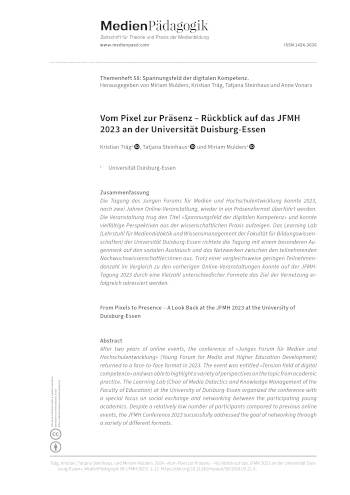 Cover:: Kristian Träg, Tatjana Steinhaus, Miriam Mulders: Vom Pixel zur Präsenz – Rückblick auf das JFMH 2023 an der Universität Duisburg-Essen
