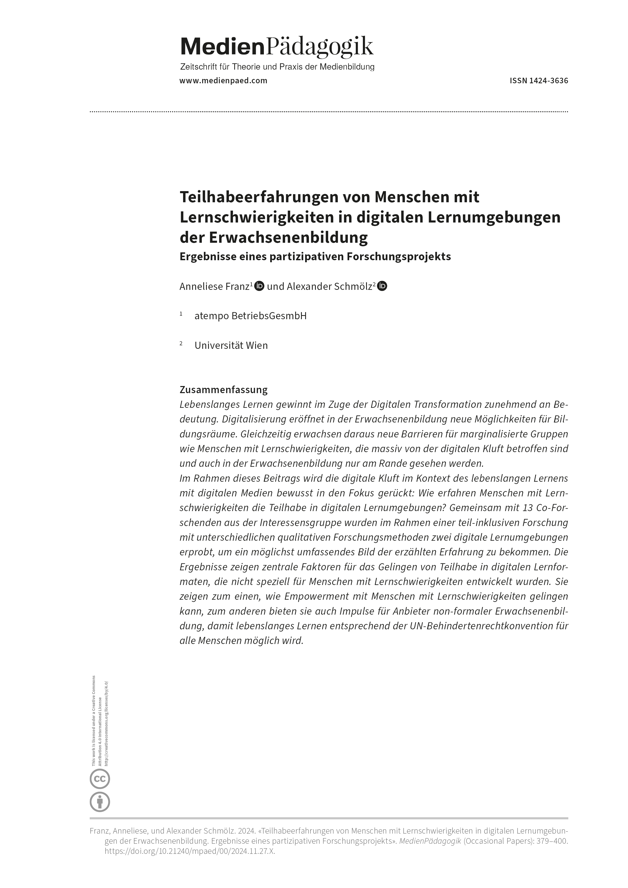 Cover:: Anneliese Franz, Alexander Schmölz: Teilhabeerfahrungen von Menschen mit Lernschwierigkeiten in digitalen Lernumgebungen der Erwachsenenbildung: Ergebnisse eines partizipativen Forschungsprojekts