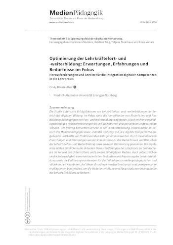 Cover:: Cindy Bärnreuther: Optimierung der Lehrkräftefort- und -weiterbildung: Erwartungen, Erfahrungen und Bedürfnisse im Fokus: Herausforderungen und Anreize für die Integration digitaler Kompetenzen in die Lehrpraxis