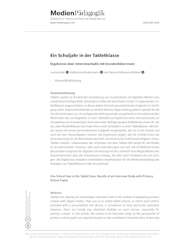 Cover:: Larissa Ade, Katharina Kindermann, Sanna Pohlmann-Rother: Ein Schuljahr in der Tabletklasse: Ergebnisse einer Interviewstudie mit Grundschüler:innen