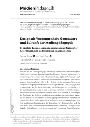 Cover:: Denise Klinge, Jordi Tost: Design als Vergangenheit, Gegenwart und Zukunft der Medienpädagogik: In digitale Technologien eingeschriebene Zeitgeister, Affordanzen und pädagogische Imaginationen