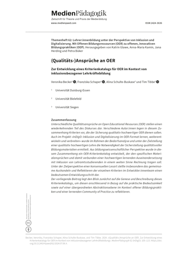 Cover:: Veronika Becker, Franziska Schaper, Alina Schulte-Buskase, Tim Tibbe: (Qualitäts-)Ansprüche an OER: Zur Entwicklung eines Kriterienkatalogs für OER im Kontext von inklusionsbezogener Lehrkräftebildung