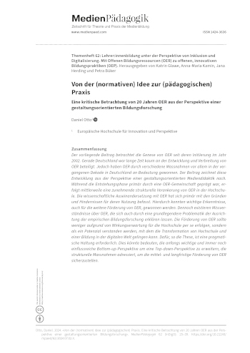 Cover:: Daniel Otto: Von der (normativen) Idee zur (pädagogischen) Praxis: Eine kritische Betrachtung von 20 Jahren OER aus der Perspektive einer gestaltungsorientierten Bildungsforschung