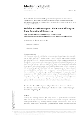 Cover:: Sina Gantenbrink, Tim Tibbe: Kollaborative Nutzung und Weiterentwicklung von Open Educational Resources: Eine Studie zu Gelingensbedingungen am Beispiel der inklusionsbezogenen Lehrer:innenbildung in NRW im Projekt InDigO
