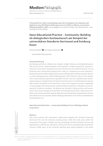 Cover:: Veronika Becker, Ingelore Mammes: Open Educational Practice – Community-Building im dialogischen Gastaustausch am Beispiel der universitären Standorte Dortmund und Duisburg-Essen