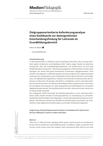 Cover:: Imke A. M. Meyer: Zielgruppenorientierte Anforderungsanalyse eines Dashboards zur datengestützten Entscheidungsfindung für Lehrende im Grundbildungsbereich