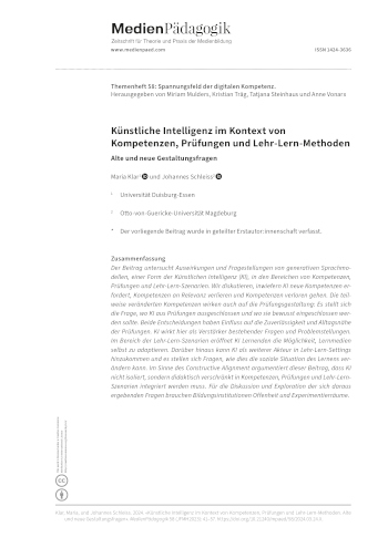 Cover:: Maria Klar, Johannes Schleiss: Artificial Intelligence in the Context of Competencies, Assessment and Instructional Design: Old and New Questions of Practices and Design