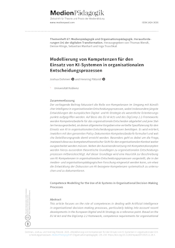 Cover:: Joshua Dohmen, Henning Pätzold: Competence Modelling for the Use of AI Systems in Organisational Decision-Making Processes