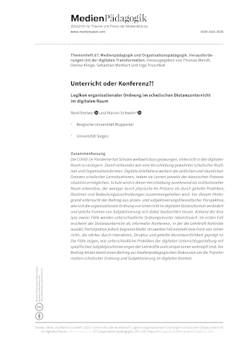 Cover:: René Breiwe, Marion Y. Schwehr: Teaching or Conference?! Logics of Organisational Order in Distance Learning at School in the Digital Space