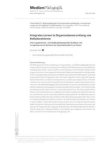Cover:: Alexander Klier: Integral Learning in Organizations Along Collaborations: An Organizational and Media Pedagogical Synthesis of Learning Processes in the Context of Collaboration
