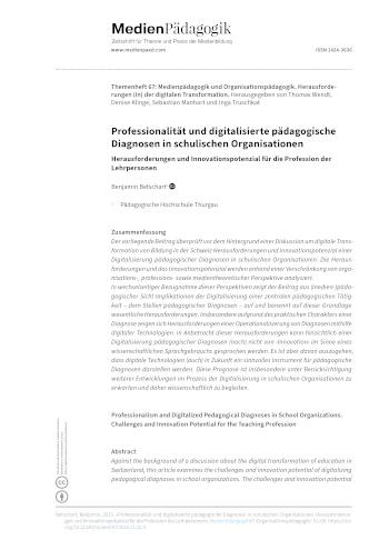 Cover:: Benjamin Betschart: Professionalism and Digitalized Pedagogical Diagnoses in School Organizations: Challenges and Innovation Potential for the Teaching Profession
